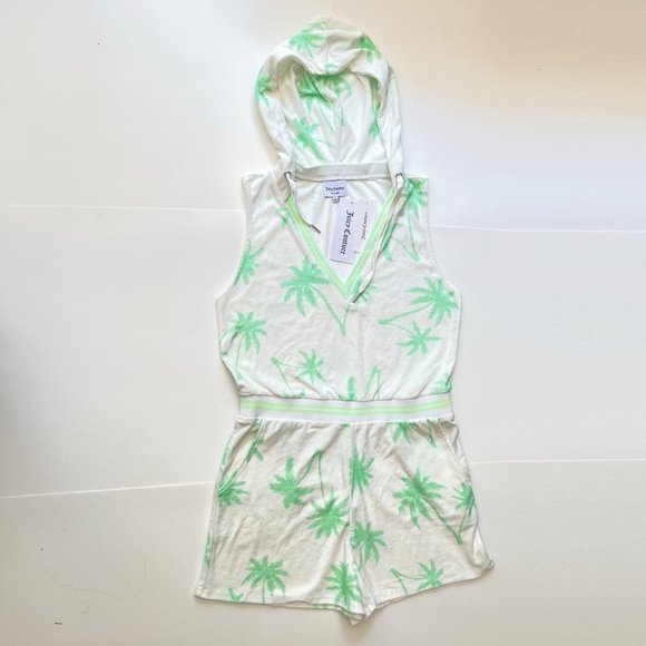 NEW Juicy Couture Hooded Sleeveless White Romper, Surf Green Palm Print, Size L - Picture 8 of 16
